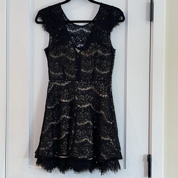 Womens Dress Mini Small Black Lace Lined‎ Tiered Fairy Goth Club Pinup Couture S - Picture 2 of 14